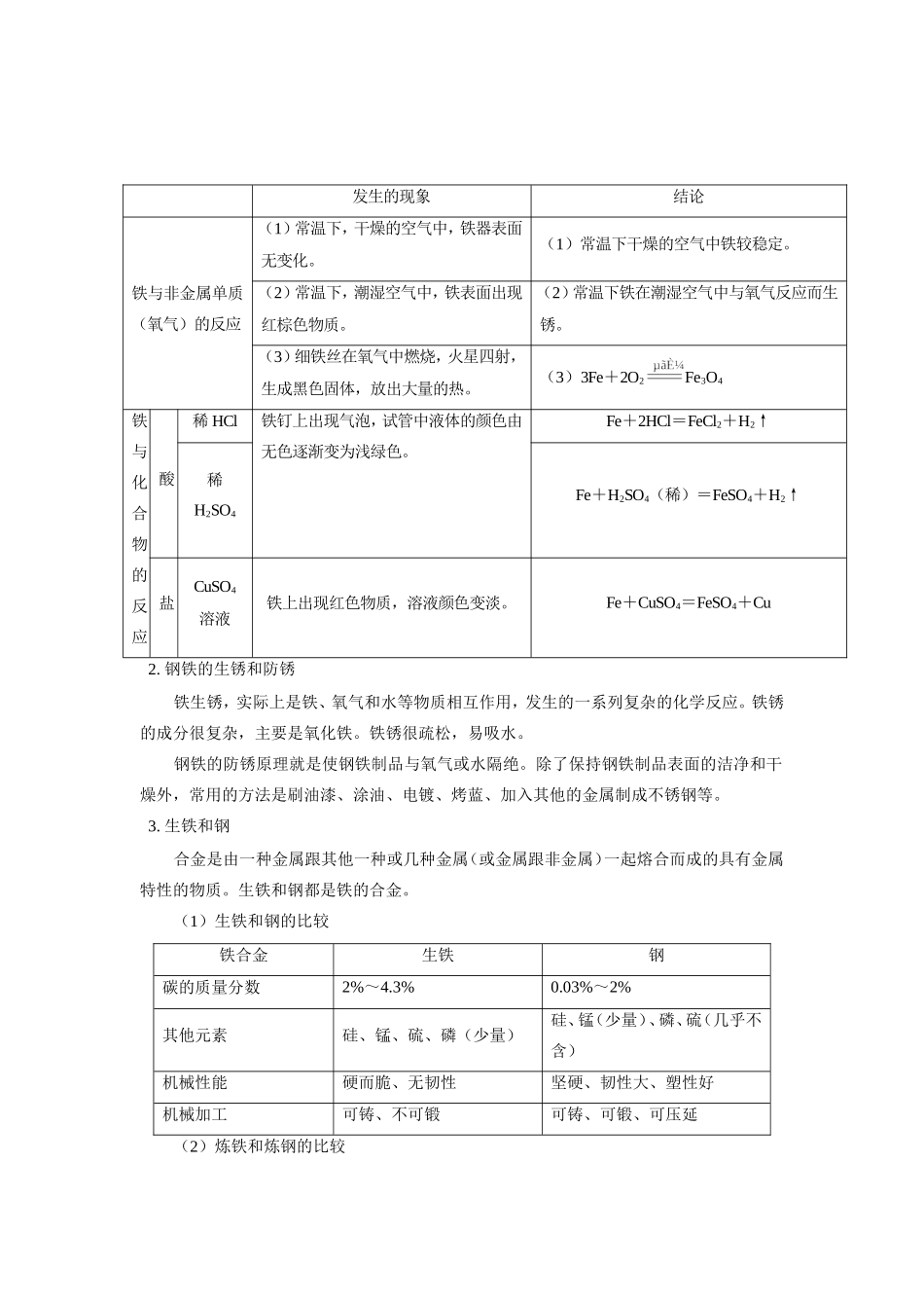 九年级化学第二册 第一章 金属§1铁的性质、§2生铁和钢人教四年制知识精讲试卷_第2页