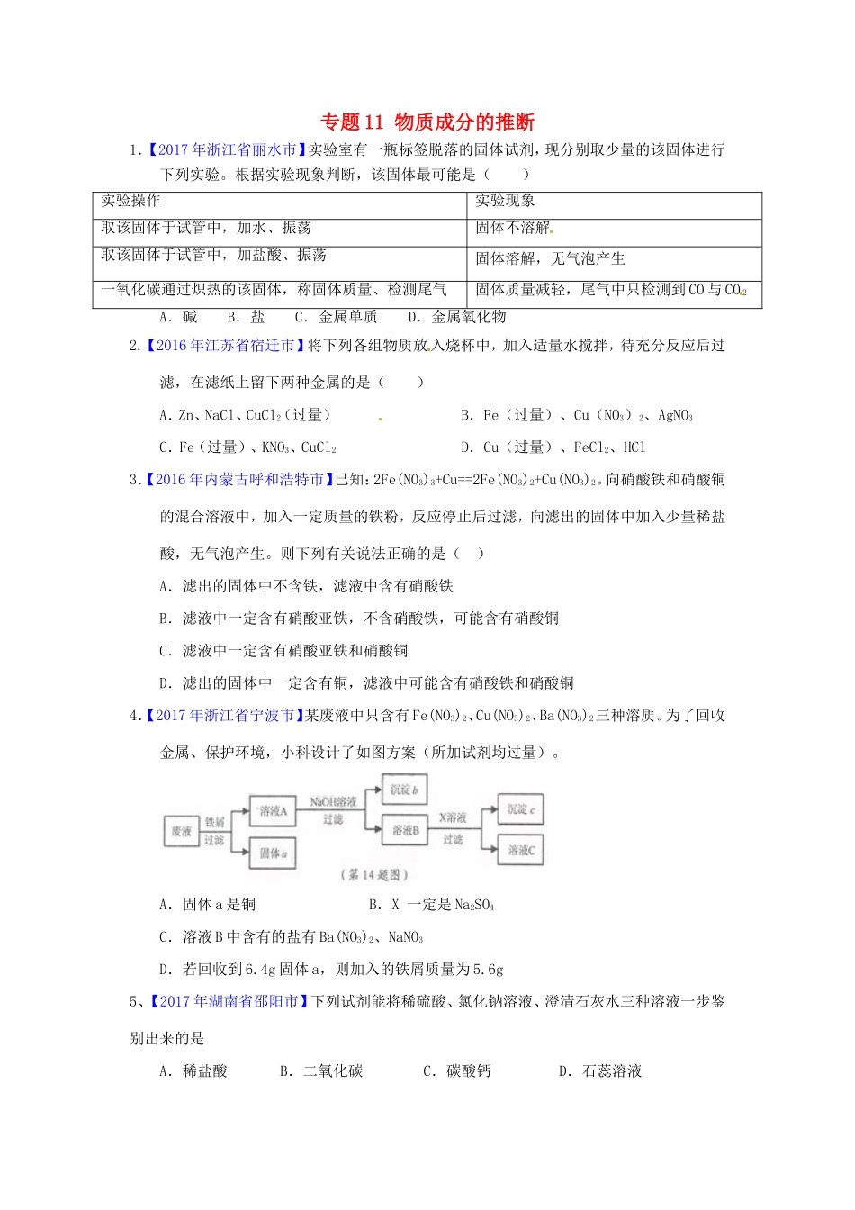 决胜中考化学压轴题揭秘 专题11 物质成分的推断(中考题，无答案) 试题_第1页