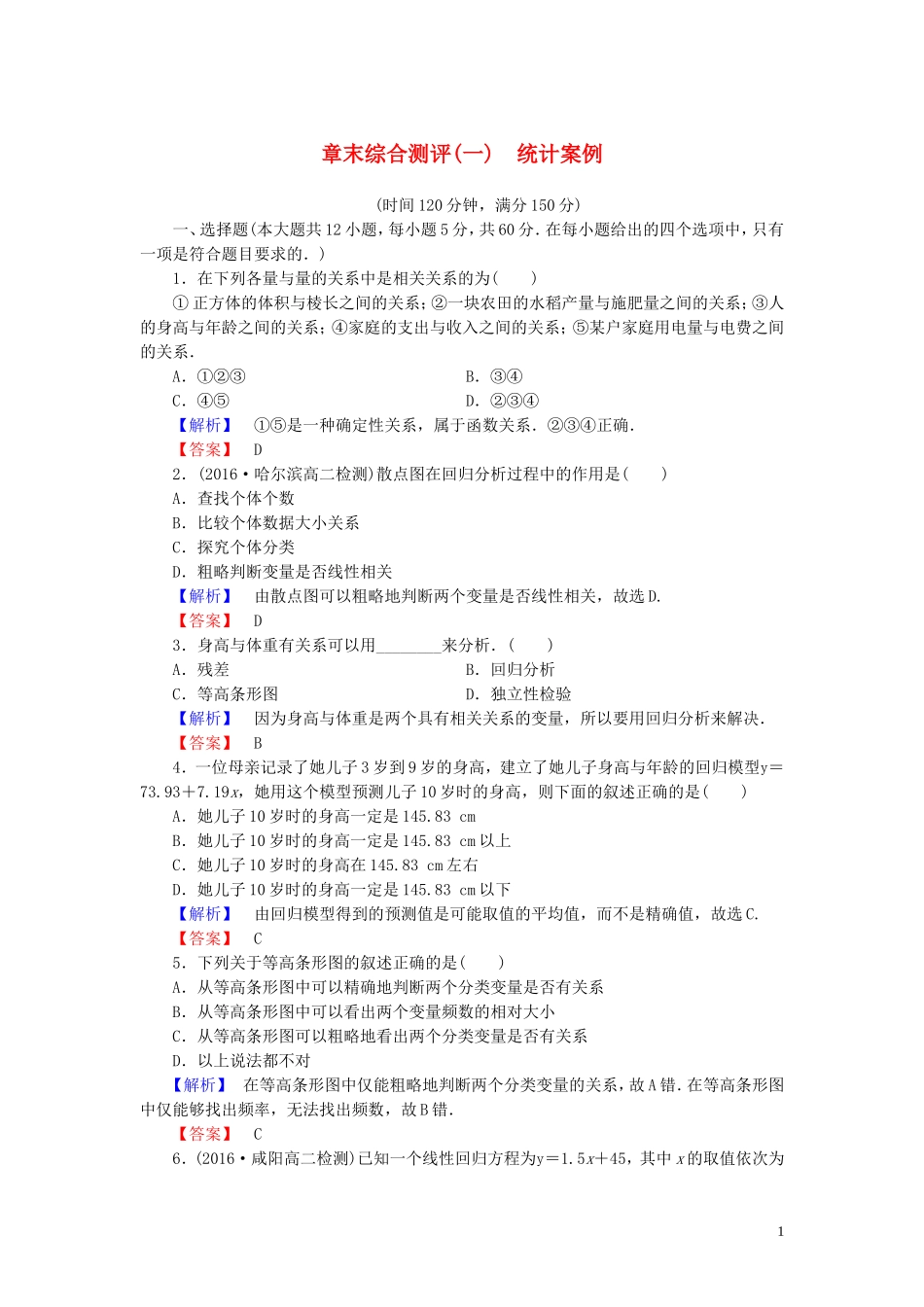 高中数学 章末综合测评（一）统计案例（含解析）新人教A版选修1-2-新人教A版高二选修1-2数学试题_第1页