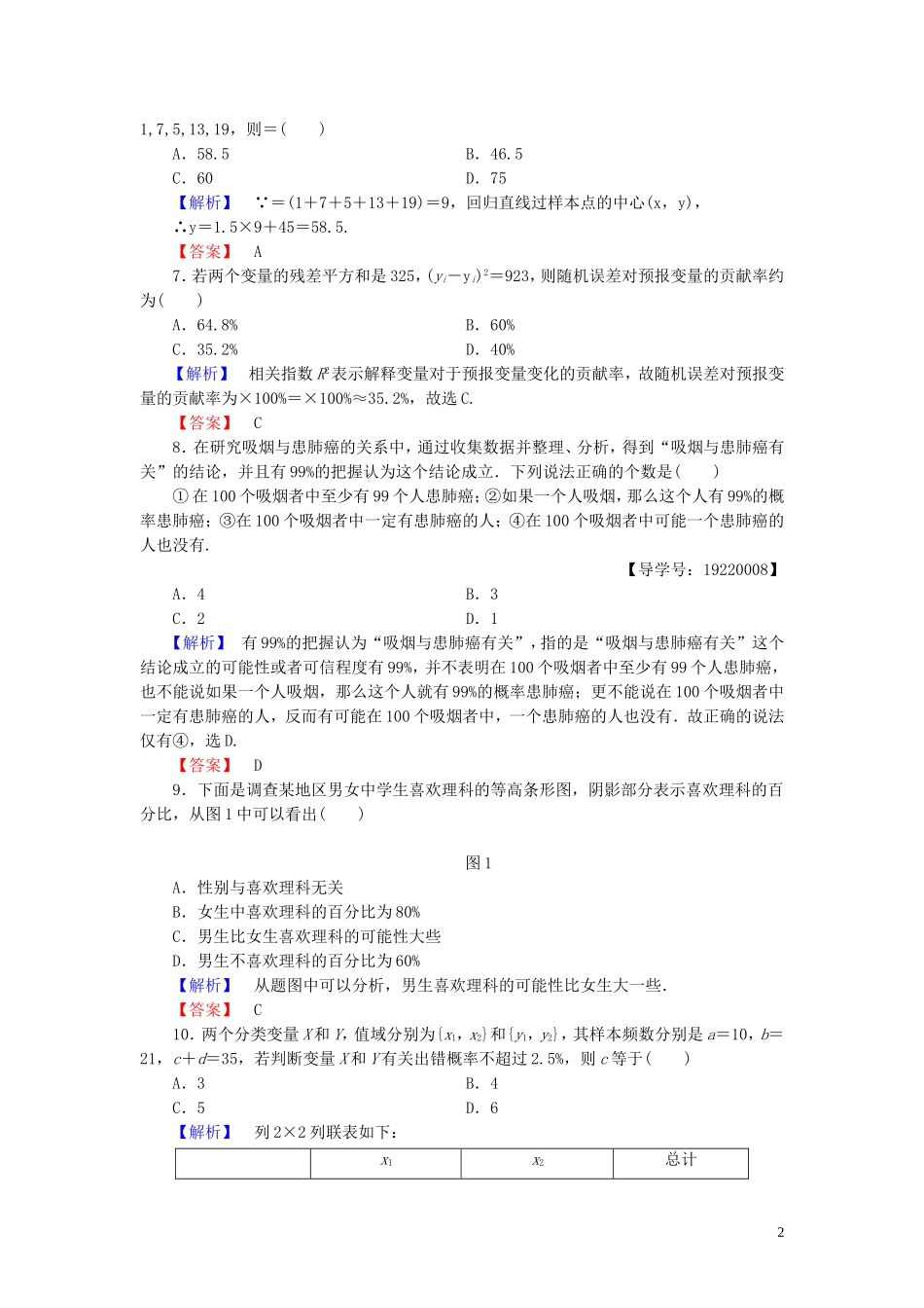 高中数学 章末综合测评（一）统计案例（含解析）新人教A版选修1-2-新人教A版高二选修1-2数学试题_第2页