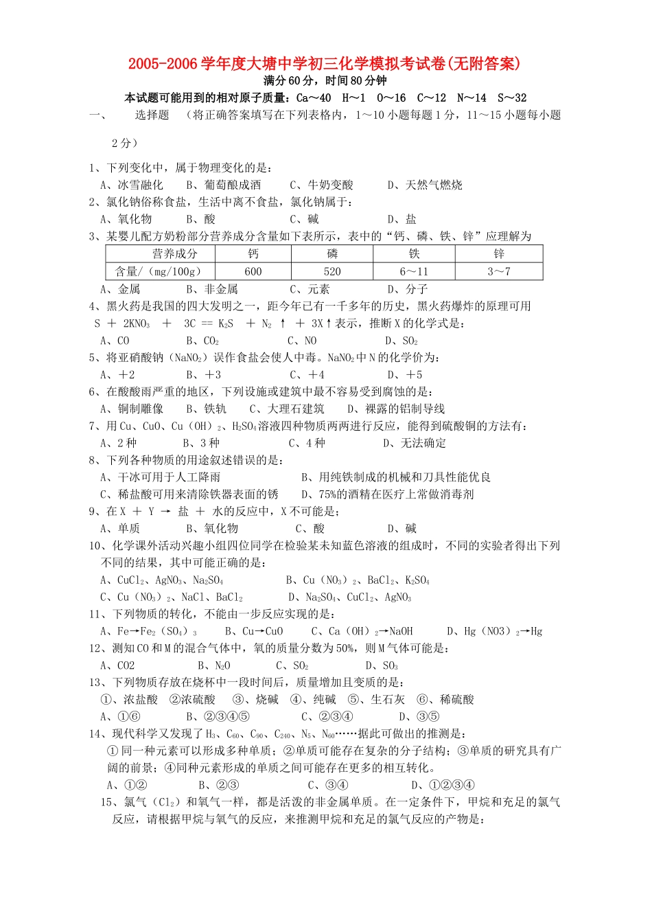 初三化学模拟考试卷无附答案 试题_第1页