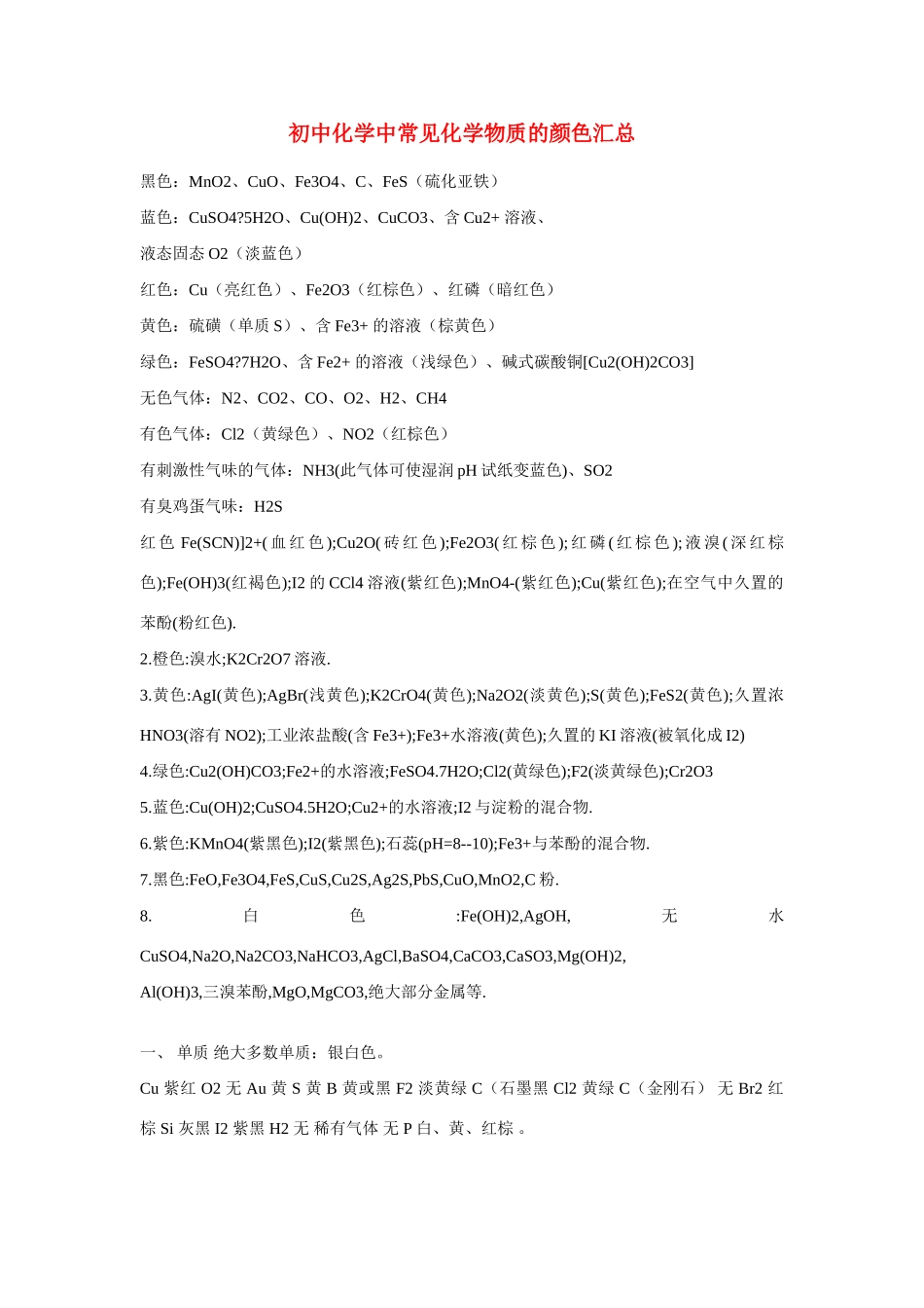 初中化学 中常见化学物质的颜色汇总 专题辅导 试题_第1页
