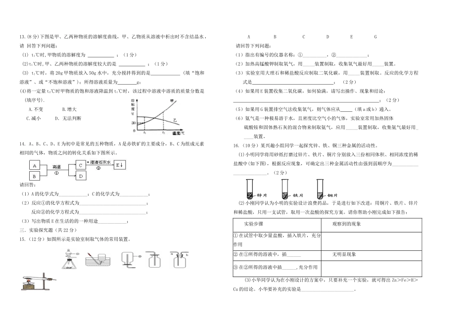 九年级化学下学期第一阶段考试试卷 新人教版试卷_第2页