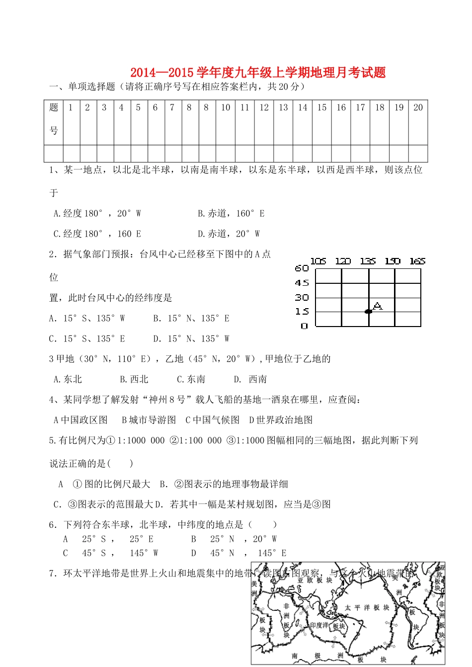 九年级地理第一次月考试卷试卷(00002)_第1页