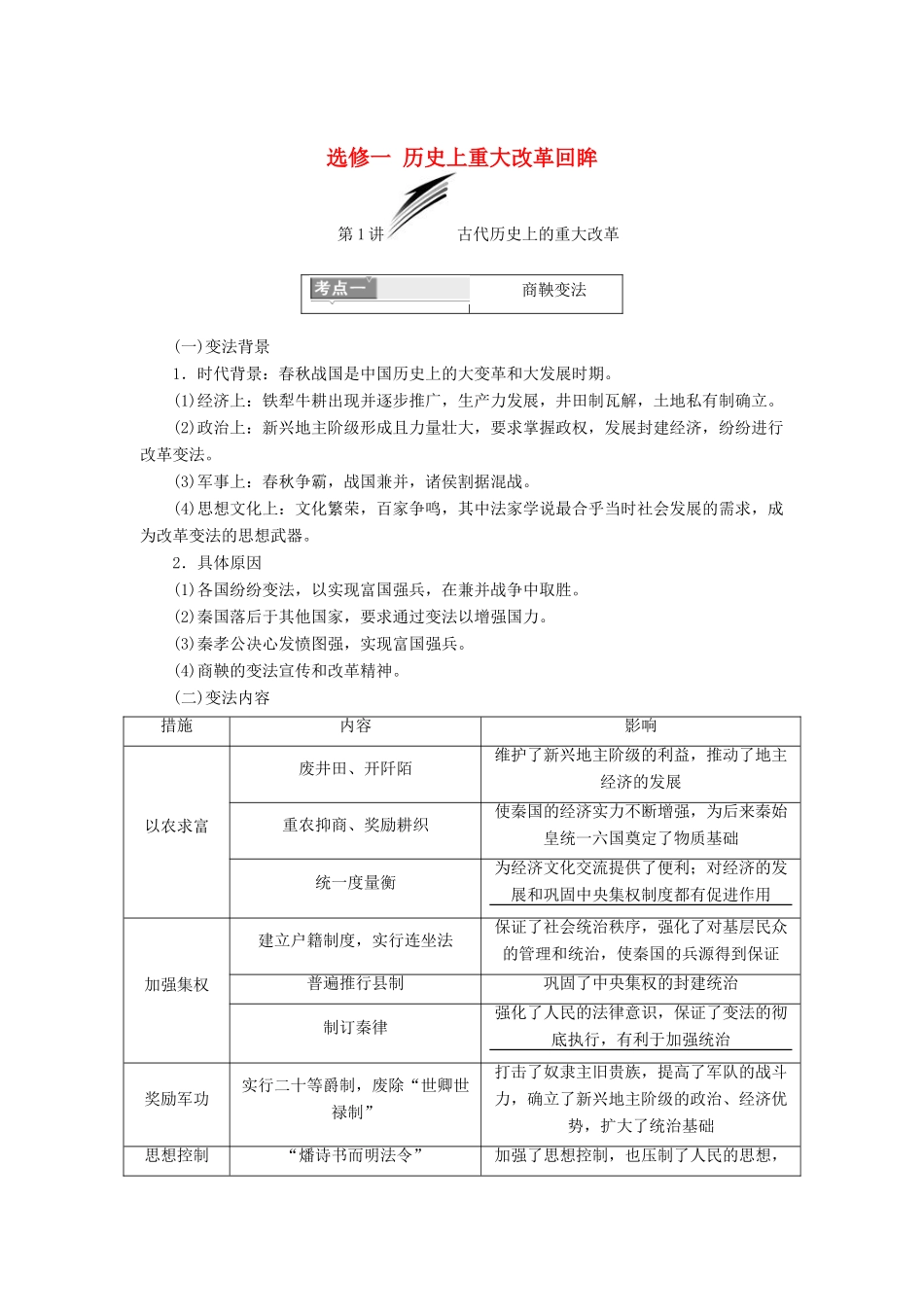高考历史一轮复习 选考部分 历史上重大改革回眸分点突破 岳麓版-岳麓版高三全册历史试题_第1页