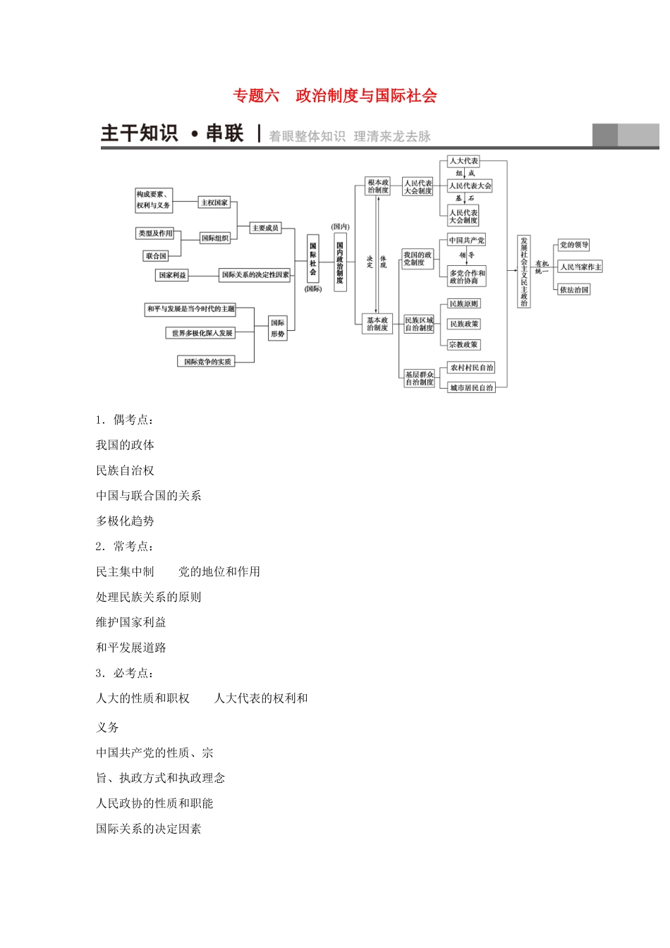 （通用版）高三政治二轮复习 第1部分 专题6 政治制度与国际社会-人教版高三全册政治试题_第1页