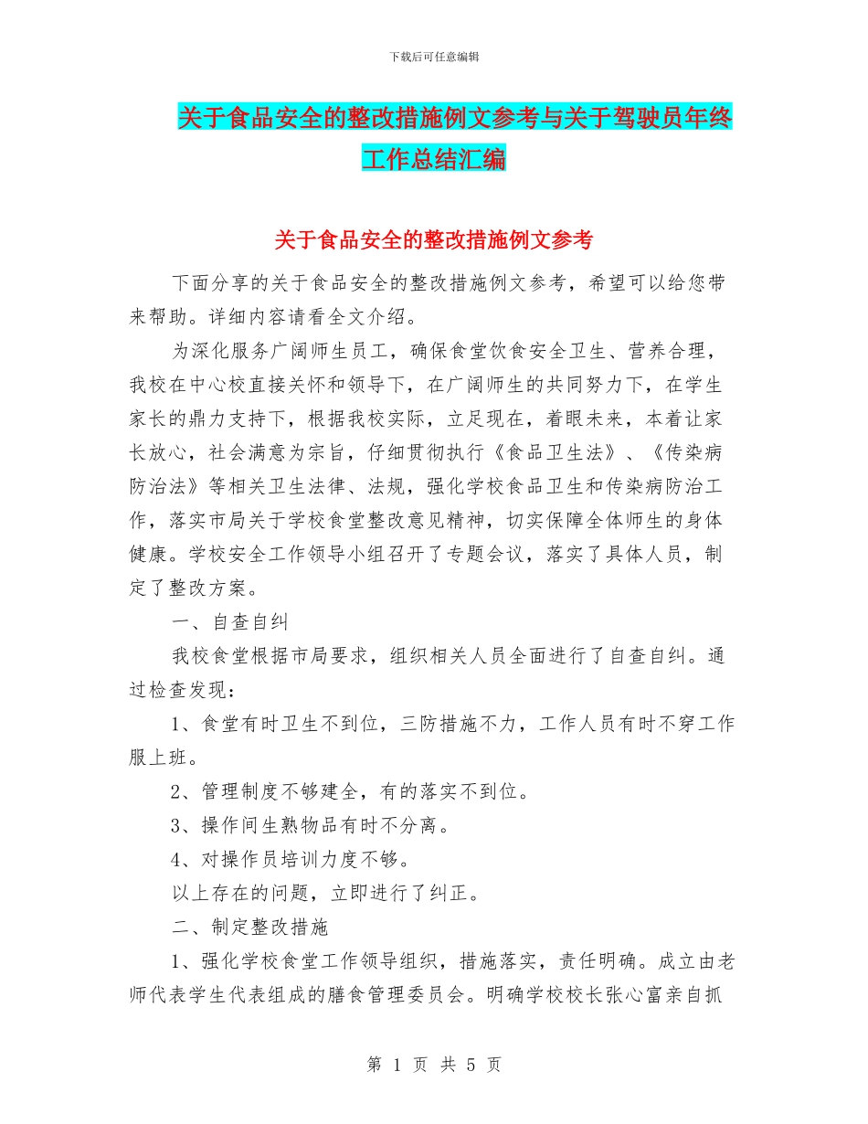 关于食品安全的整改措施例文参考与关于驾驶员年终工作总结汇编_第1页