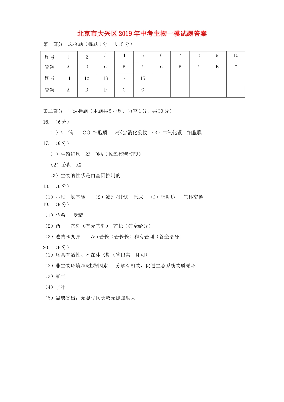 中考生物一模试卷答案 北京市大兴区中考生物一模试卷_第1页