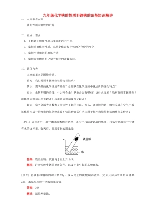 九年级化学铁的性质和钢铁的冶炼知识精讲 人教四年制版试卷