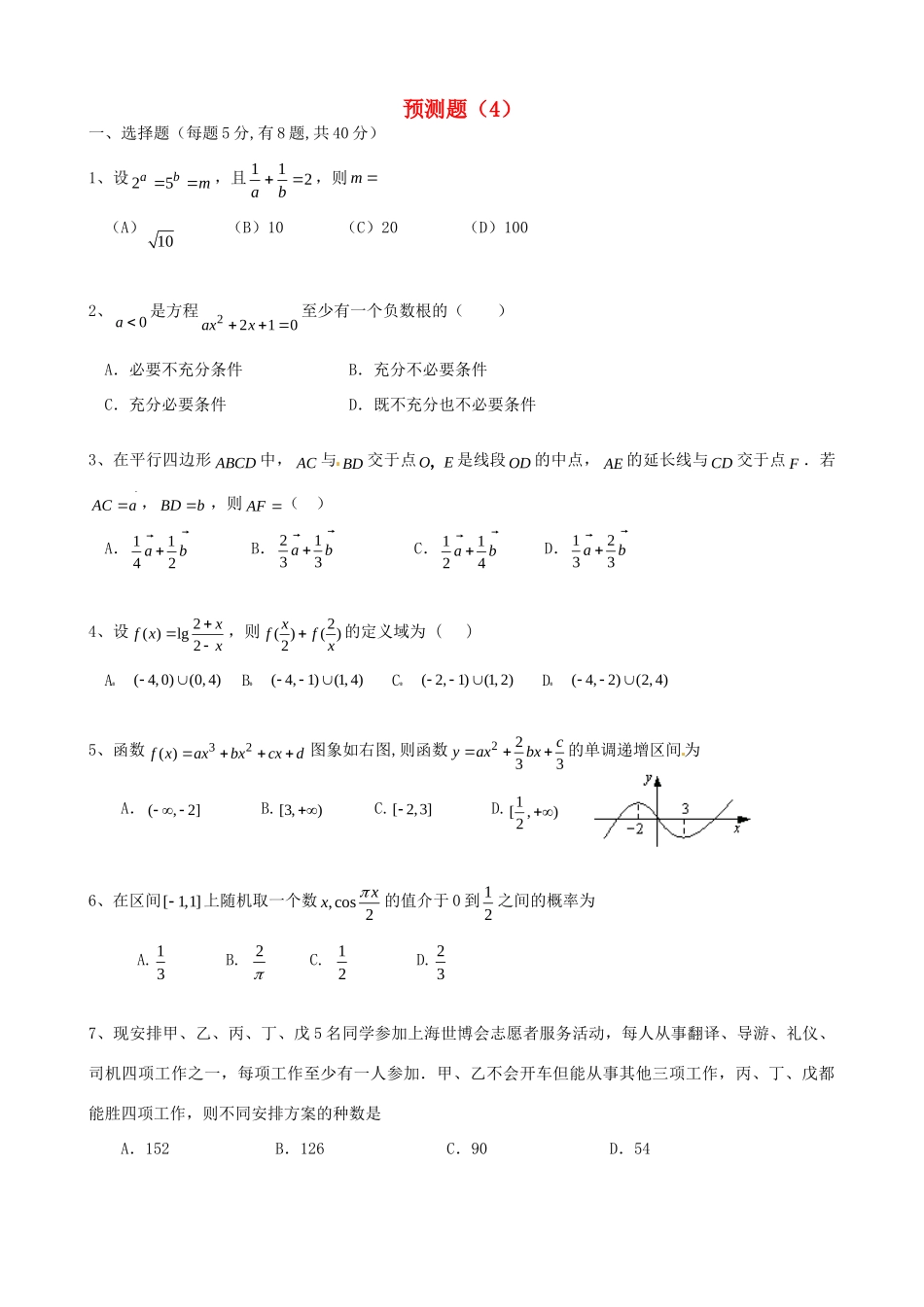 山东省高考数学 冲刺预测试卷之预测卷(4)试卷_第1页