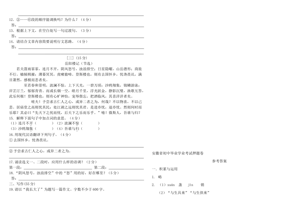 初中语文毕业学业考试押题卷 人教新课标版 试题_第3页