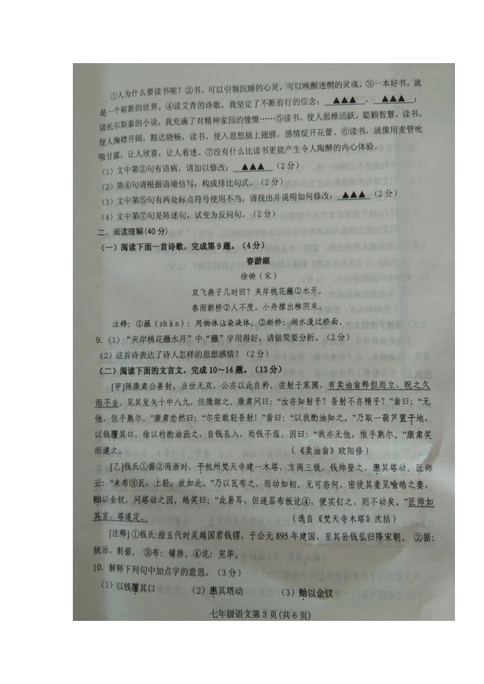 山东省临沂市沂水县七年级语文下学期期中试卷新人教版_第3页