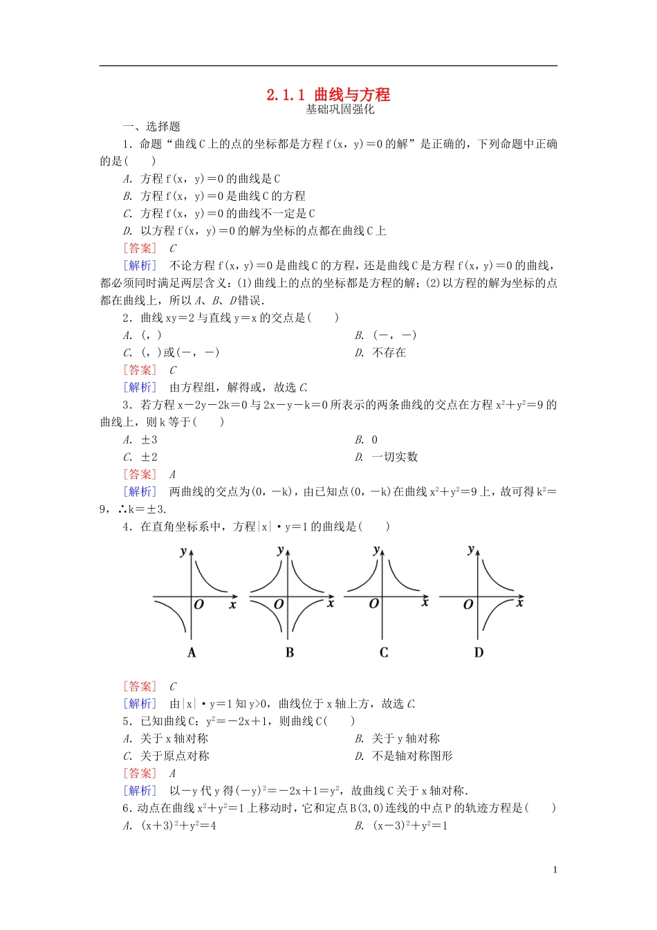 高中数学 第二章 圆锥曲线与方程 2.1-2.2 圆锥曲线及椭圆 2.1.1 曲线与方程练习 苏教版选修1-1-苏教版高二选修1-1数学试题_第1页