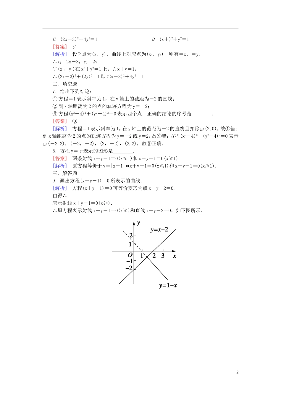 高中数学 第二章 圆锥曲线与方程 2.1-2.2 圆锥曲线及椭圆 2.1.1 曲线与方程练习 苏教版选修1-1-苏教版高二选修1-1数学试题_第2页