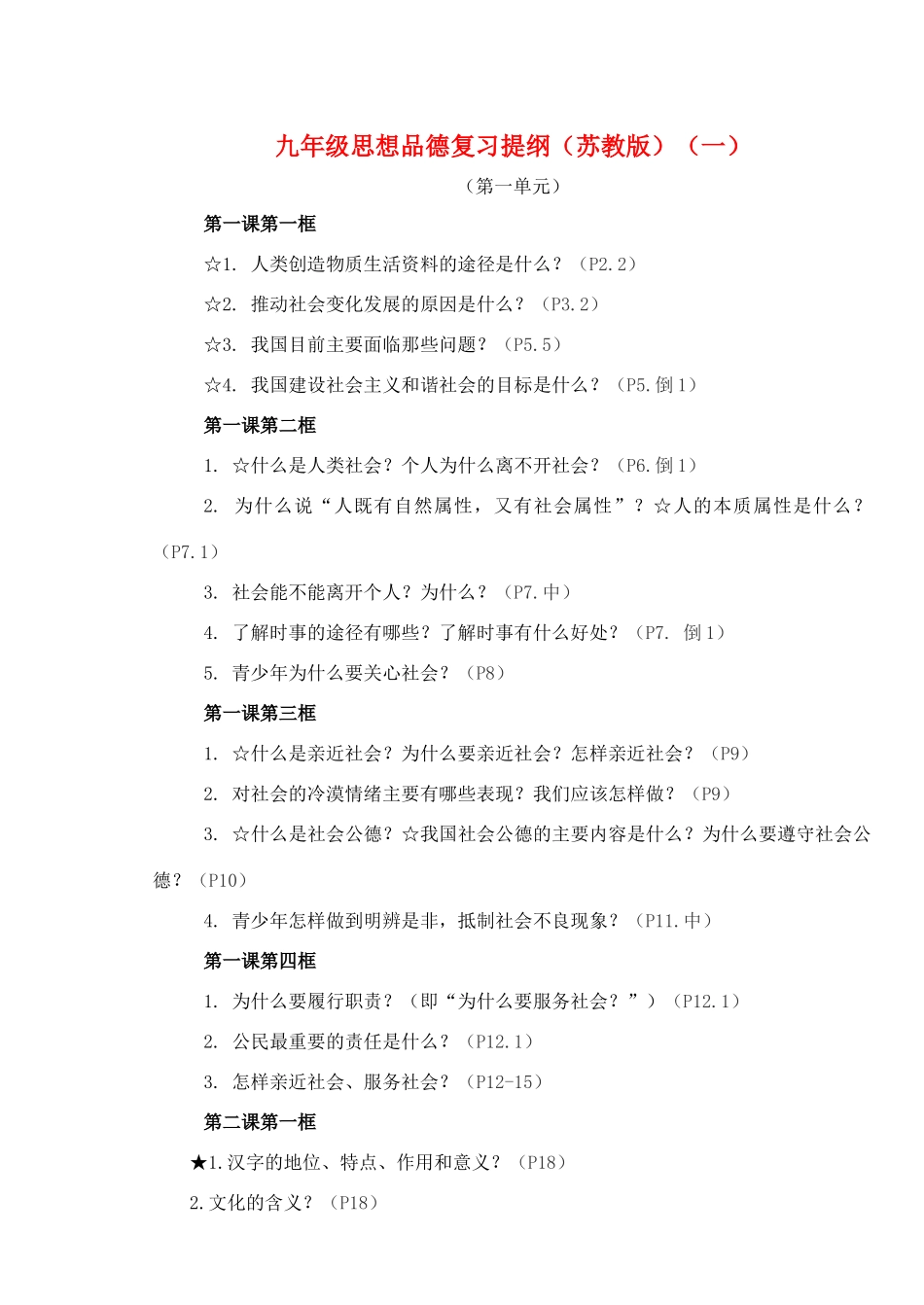 九年级思想品德 第一单元复习提纲 苏教版试卷_第1页