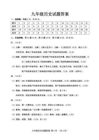九年级历史上学期期末考试试卷参考答案 山东省章丘市相公庄镇相公中学2016九年级历史上学期期末考试试卷(pdf)