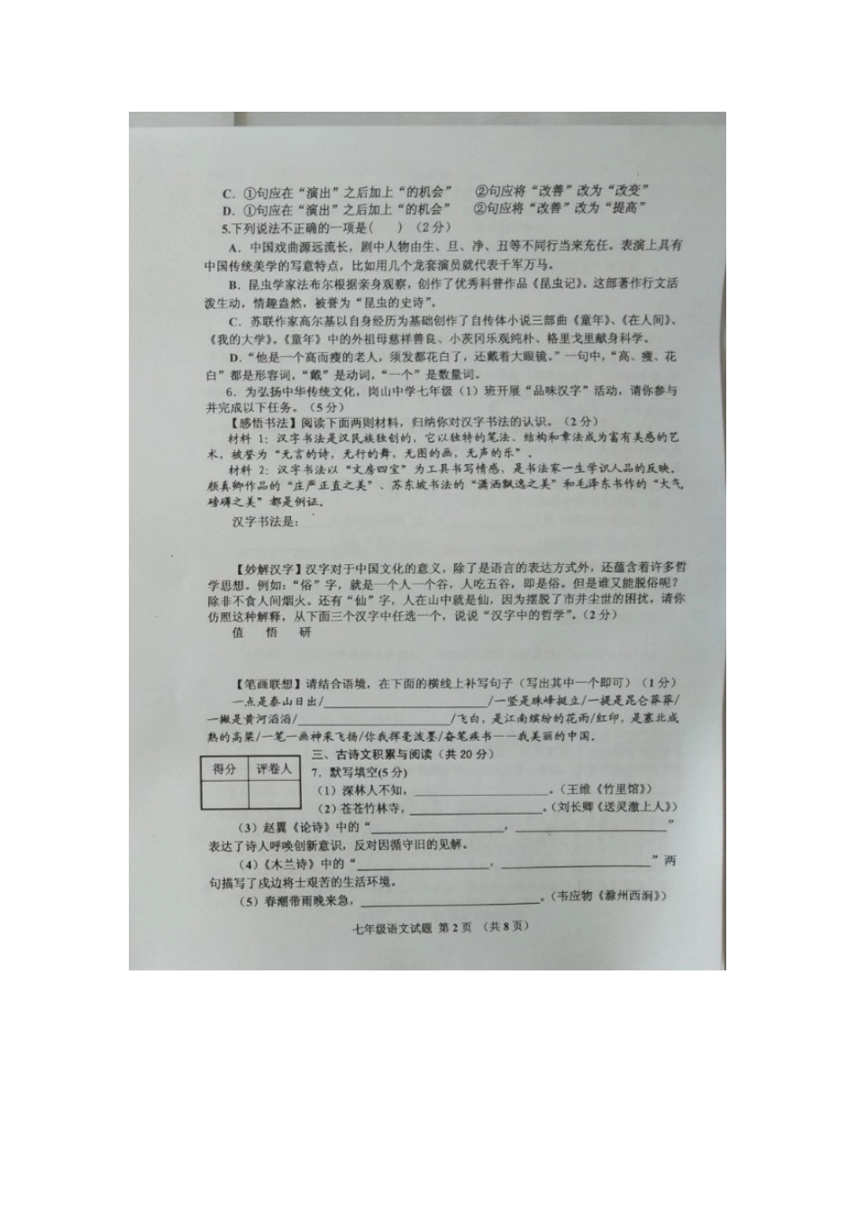 山东省邹城市七年级语文下学期期末考试试卷新人教版试卷_第2页