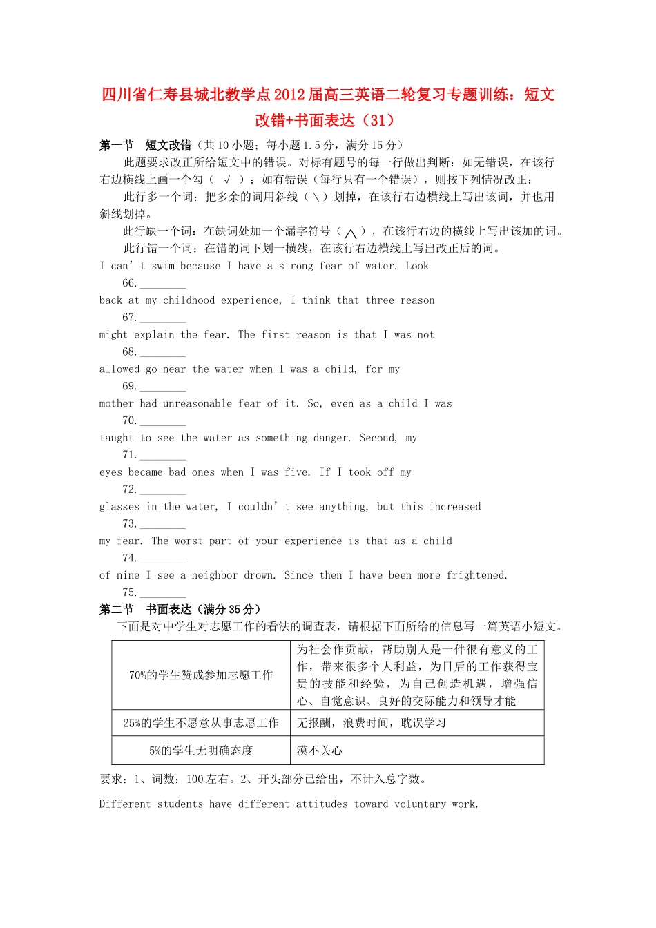 四川省仁寿县城北教学点高三英语二轮复习 专题训练 短文改错书面表达(31)试卷_第1页