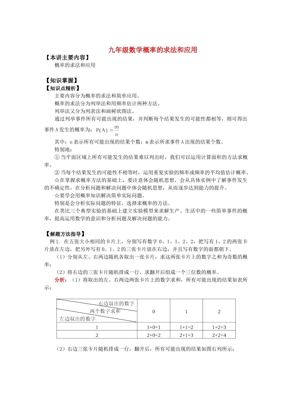 九年级数学概率的求法和应用知识精讲试卷_第1页