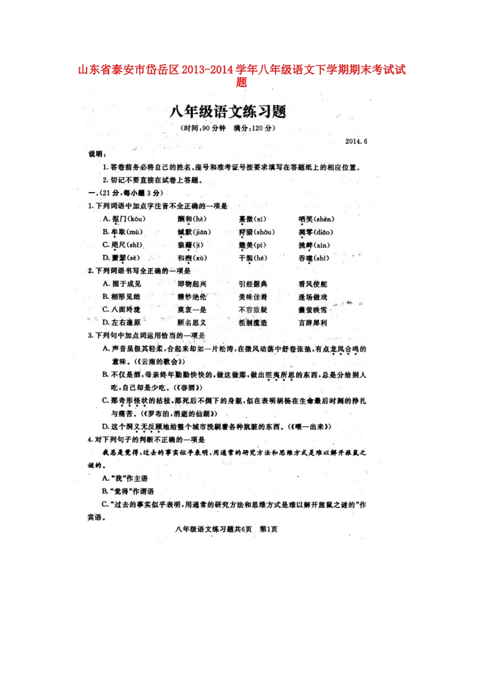 山东省泰安市岱岳区八年级语文下学期期末考试试卷试卷_第1页