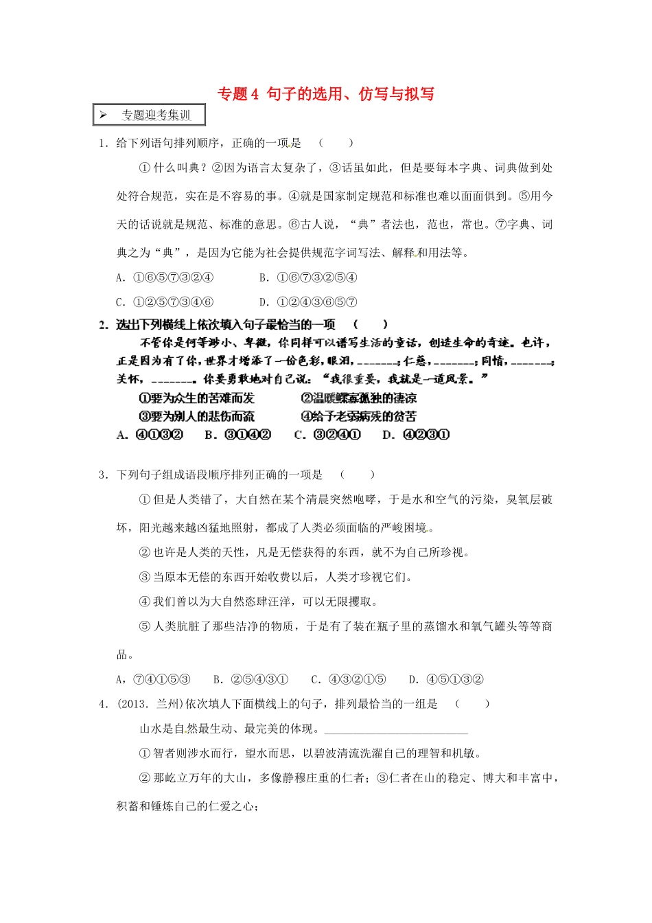 中考语文专题迎考集训 专题4 句子的选用、仿写与拟写试卷_第1页