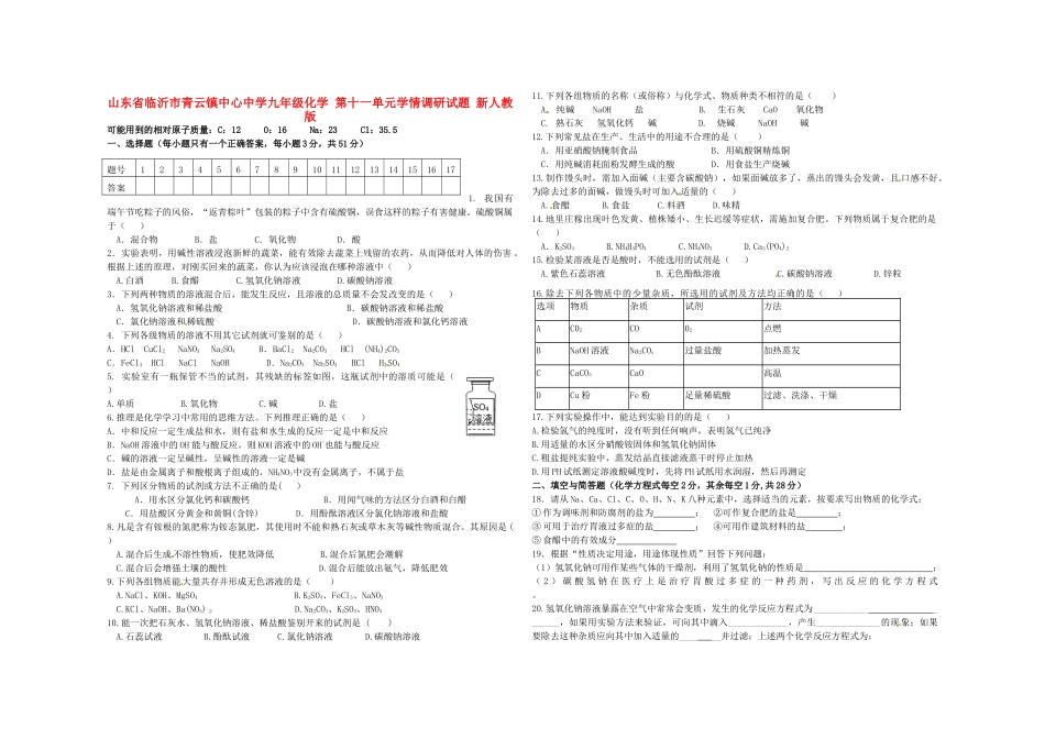 九年级化学 第十一单元学情调研试卷 新人教版试卷_第1页