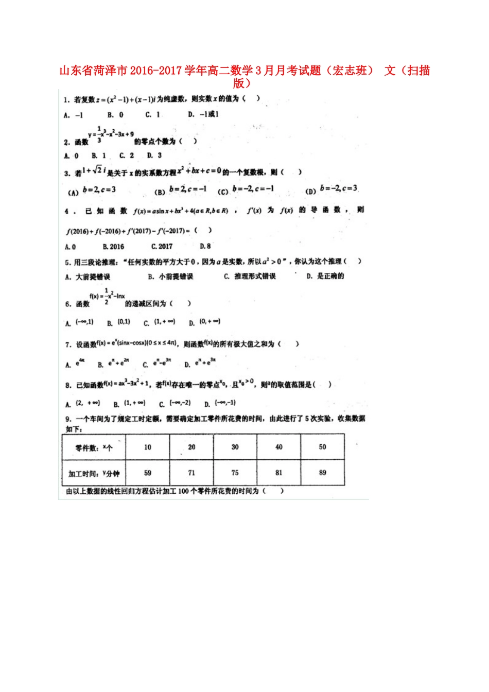 山东省菏泽市 高二数学3月月考试卷(宏志班)文试卷_第1页
