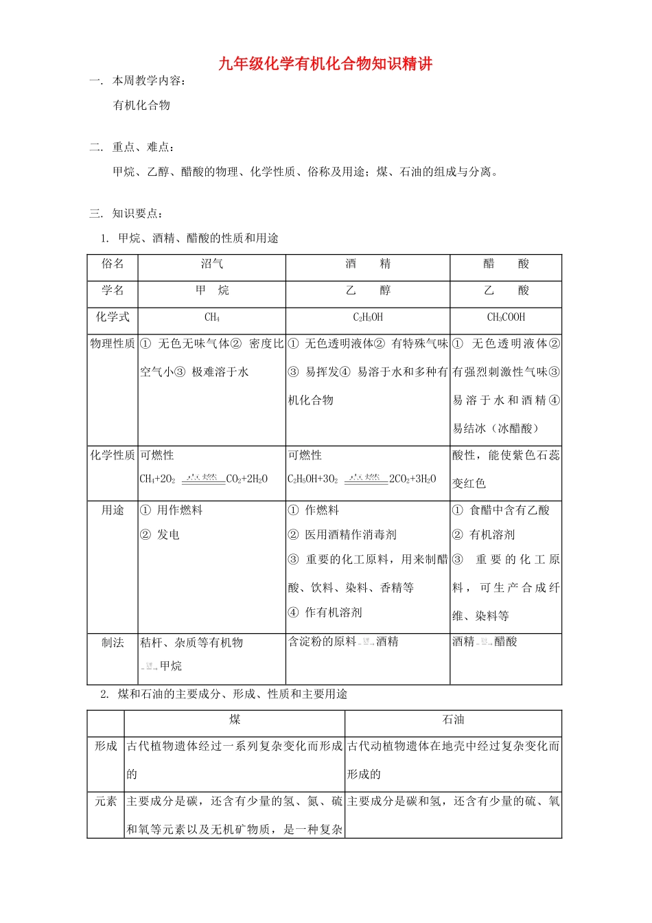 九年级化学有机化合物知识精讲 人教四年制版试卷_第1页