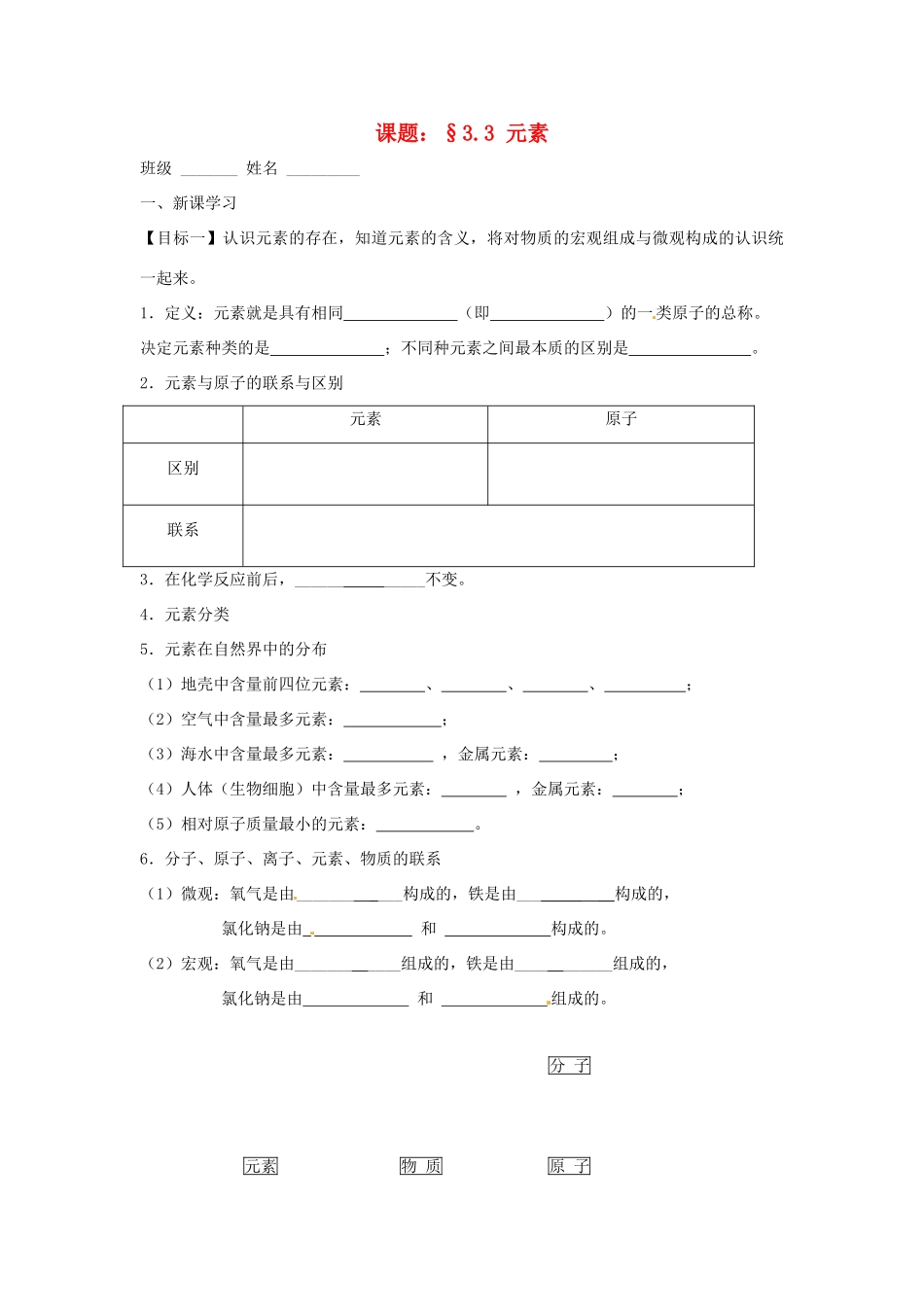 九年级化学上册 33(元素)课后巩固作业(新版)新人教版试卷_第1页