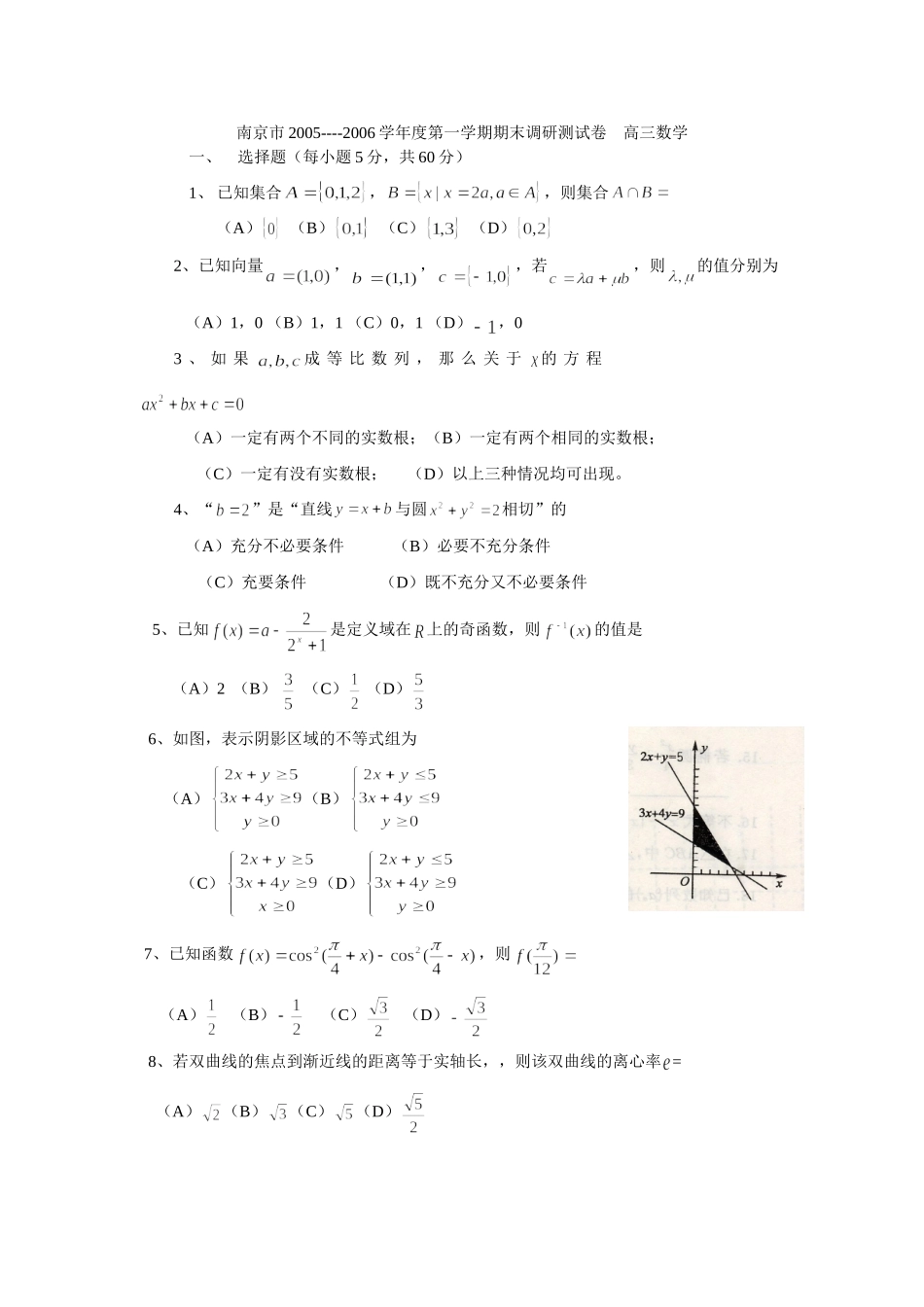 南京市第一学期期末调研测试卷 江苏省各大市期末一模二模及模拟考试卷共38套 江苏省各大市期末一模二模及模拟考试卷共38套_第1页