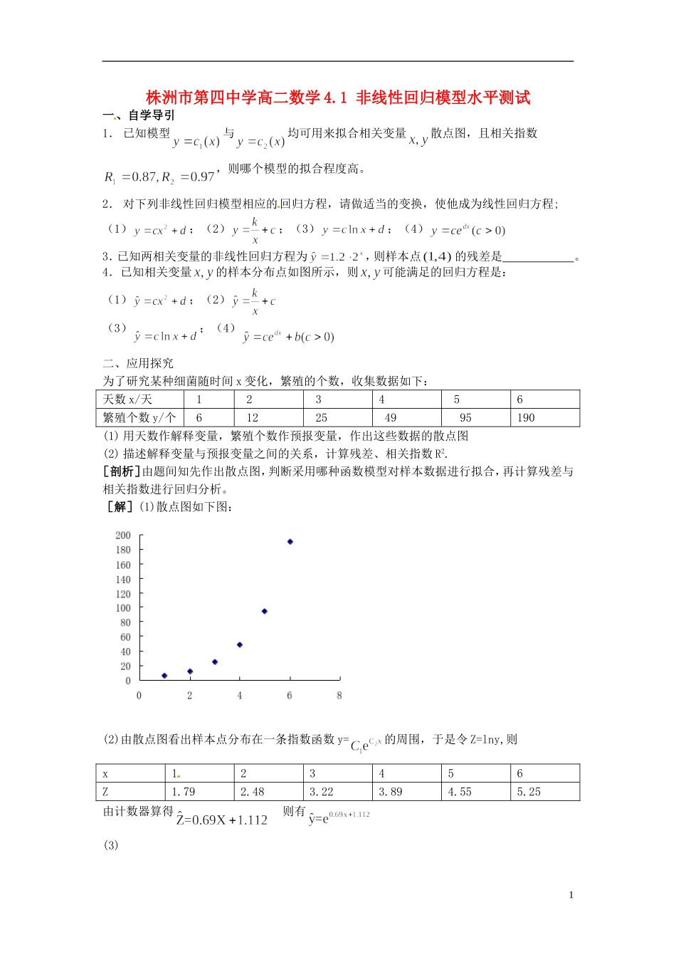 湖南省株洲市第四中学高二数学 4.1 非线性回归模型水平测试_第1页