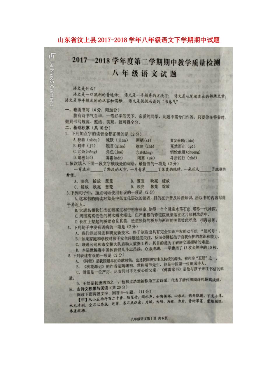 山东省汶上县 八年级语文下学期期中试卷新人教版试卷_第1页