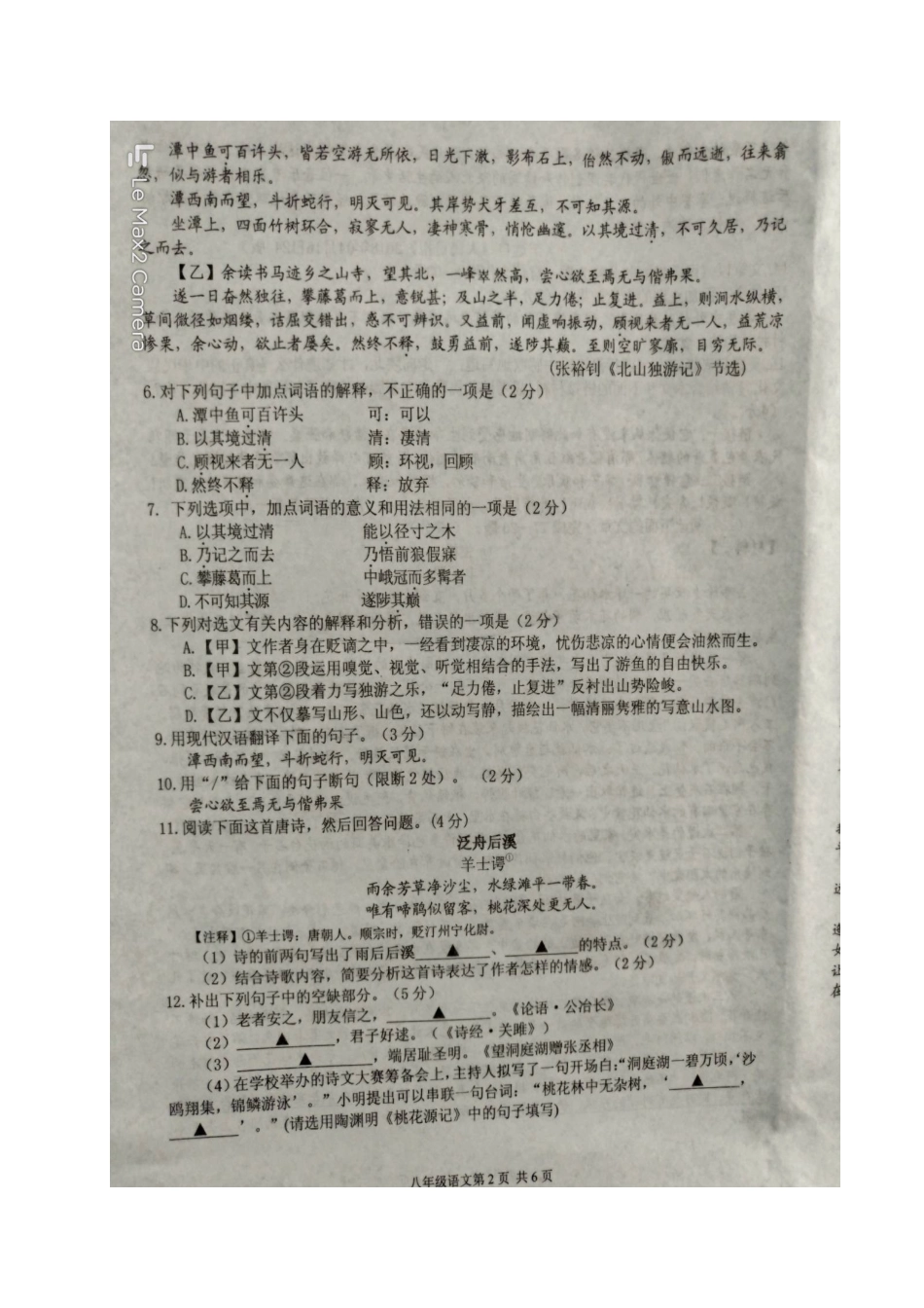 山东省汶上县 八年级语文下学期期中试卷新人教版试卷_第2页