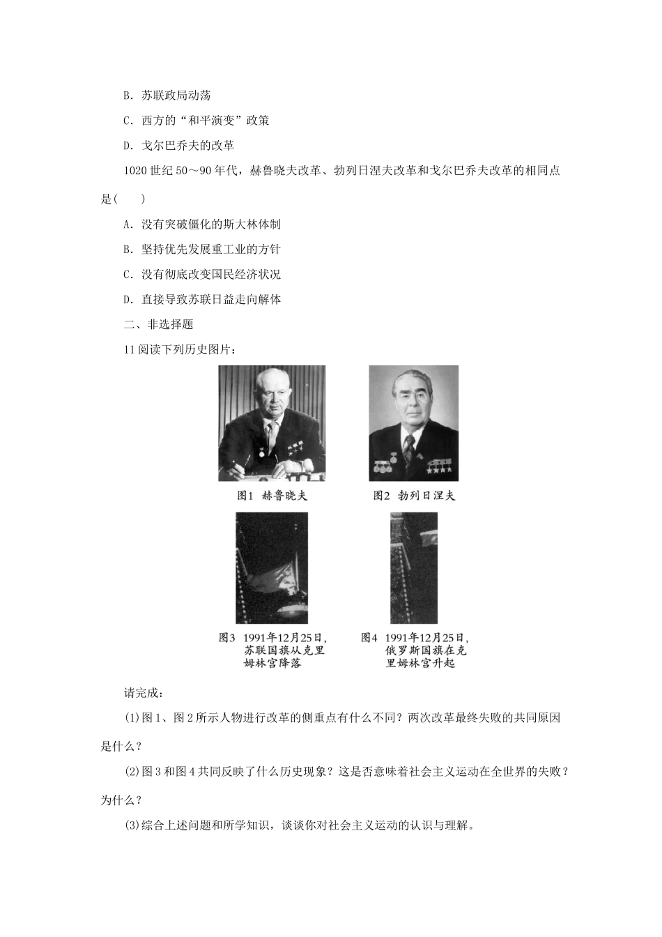 高中历史 专题七 苏联社会主义建设的经验与教训 三 苏联社会主义改革与挫折自我小测 人民版必修2-人民版高一必修2历史试题_第3页