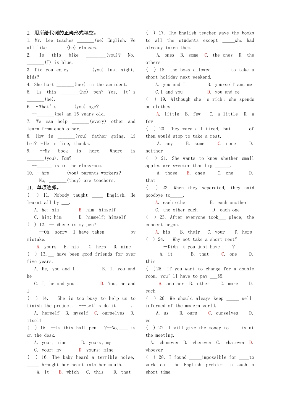 中考英语语法考前一网打尽(代词冠词)试卷_第2页