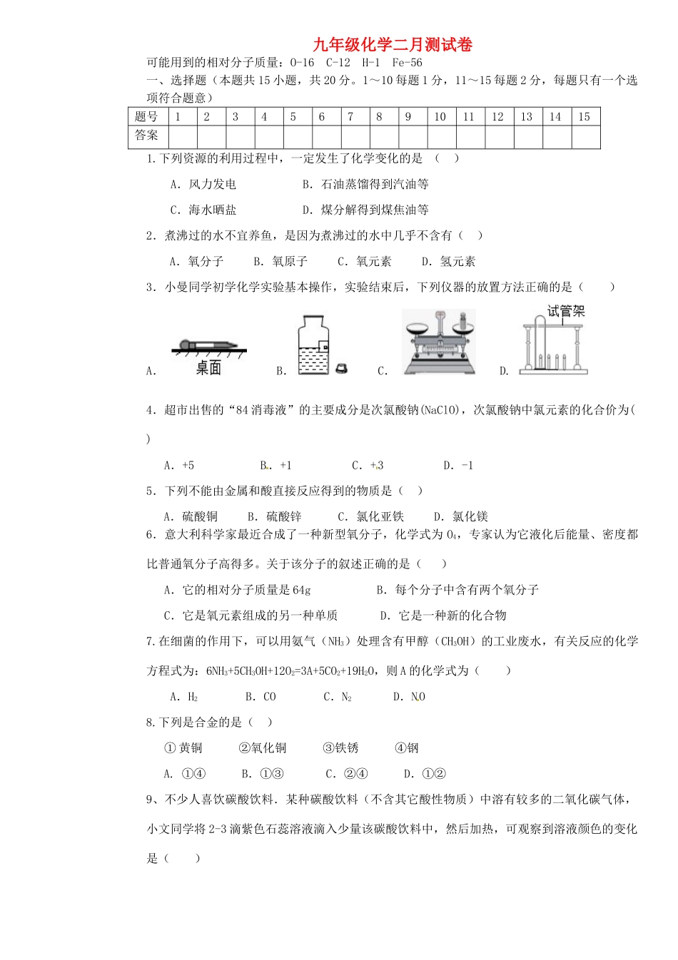 九年级化学2月检测试卷试卷_第1页