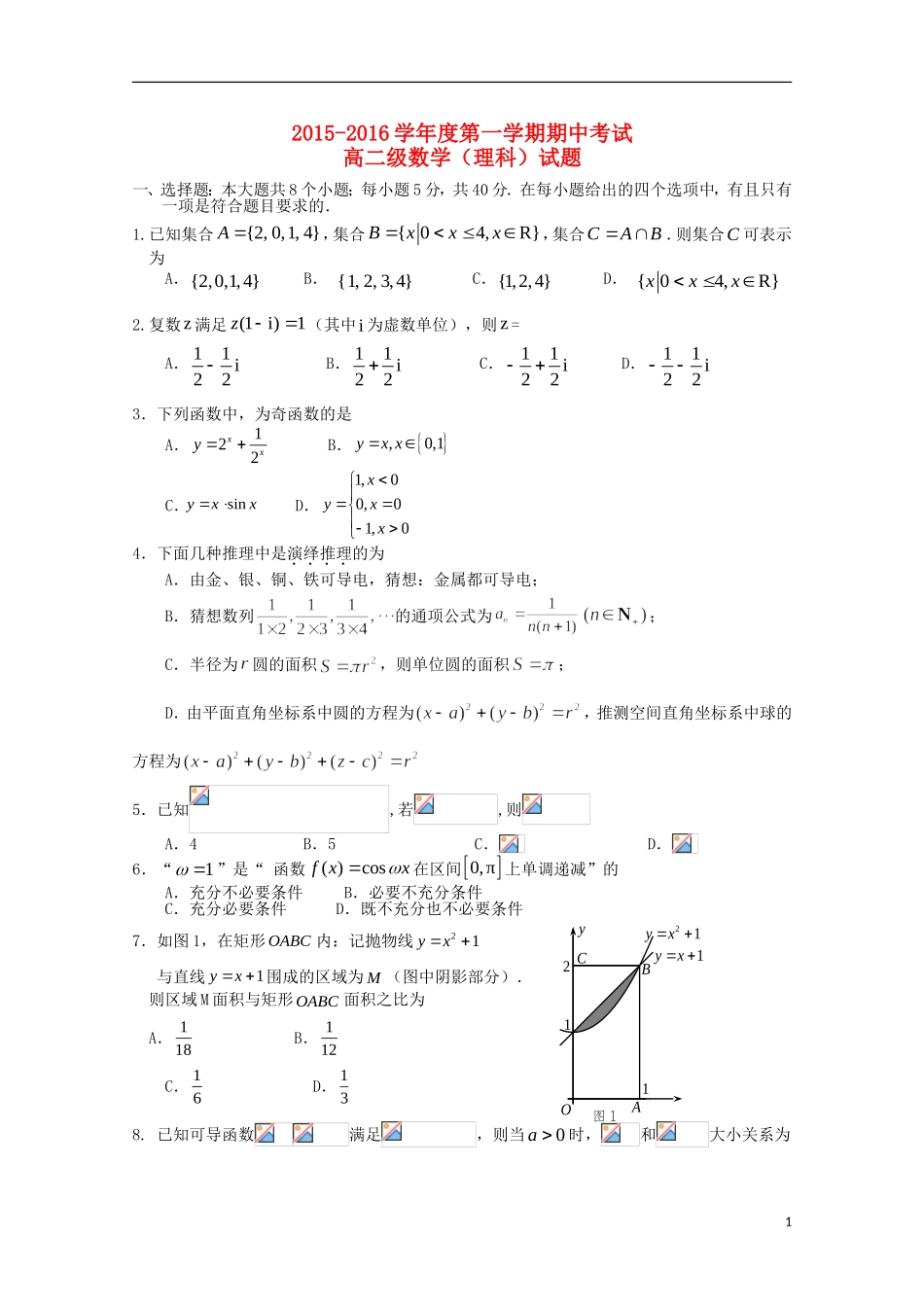 高二数学上学期期中试题 理-人教版高二全册数学试题_第1页