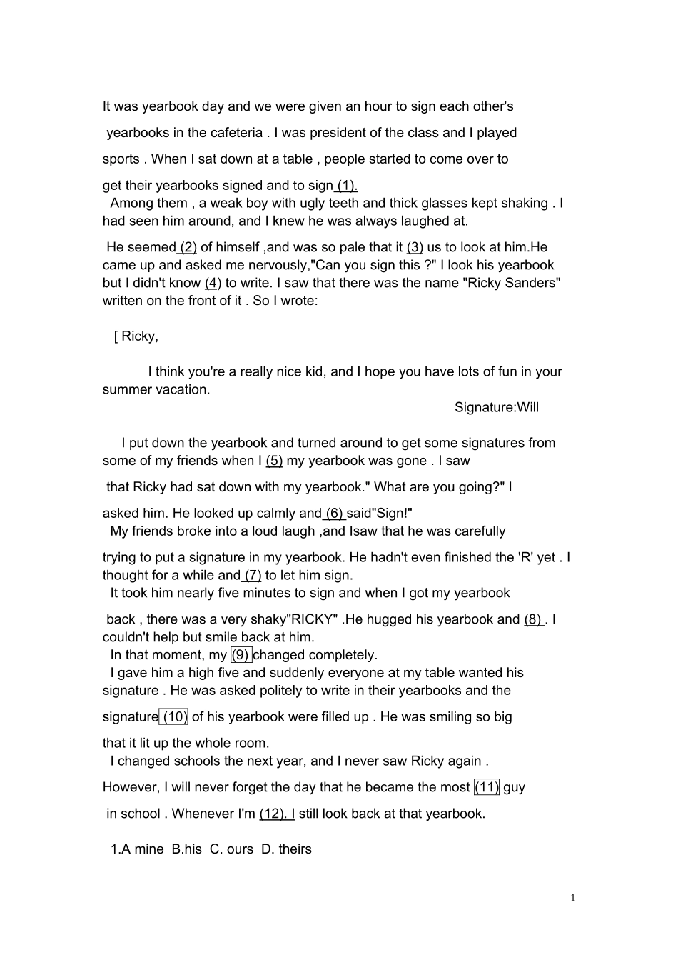 中考完形填空：Itwasyearbookdayandweweregivenanhourtosigneachother_第1页