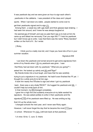 中考完形填空：Itwasyearbookdayandweweregivenanhourtosigneachother