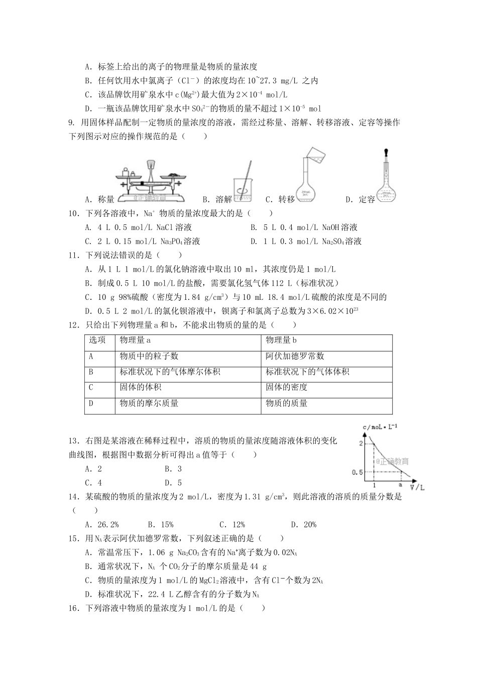 江西省宜春市高一化学上学期第一次月考试题-人教版高一全册化学试题_第2页