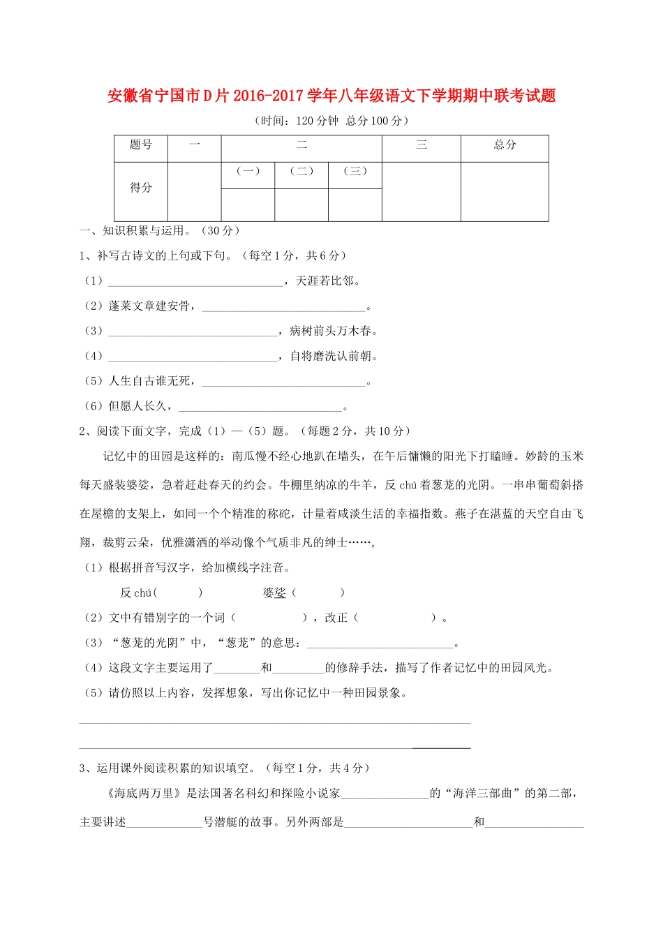 安徽省宁国市D片 八年级语文下学期期中联考试卷_第1页