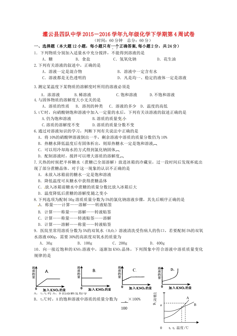 九年级化学下学期第4周周测试卷试卷_第1页
