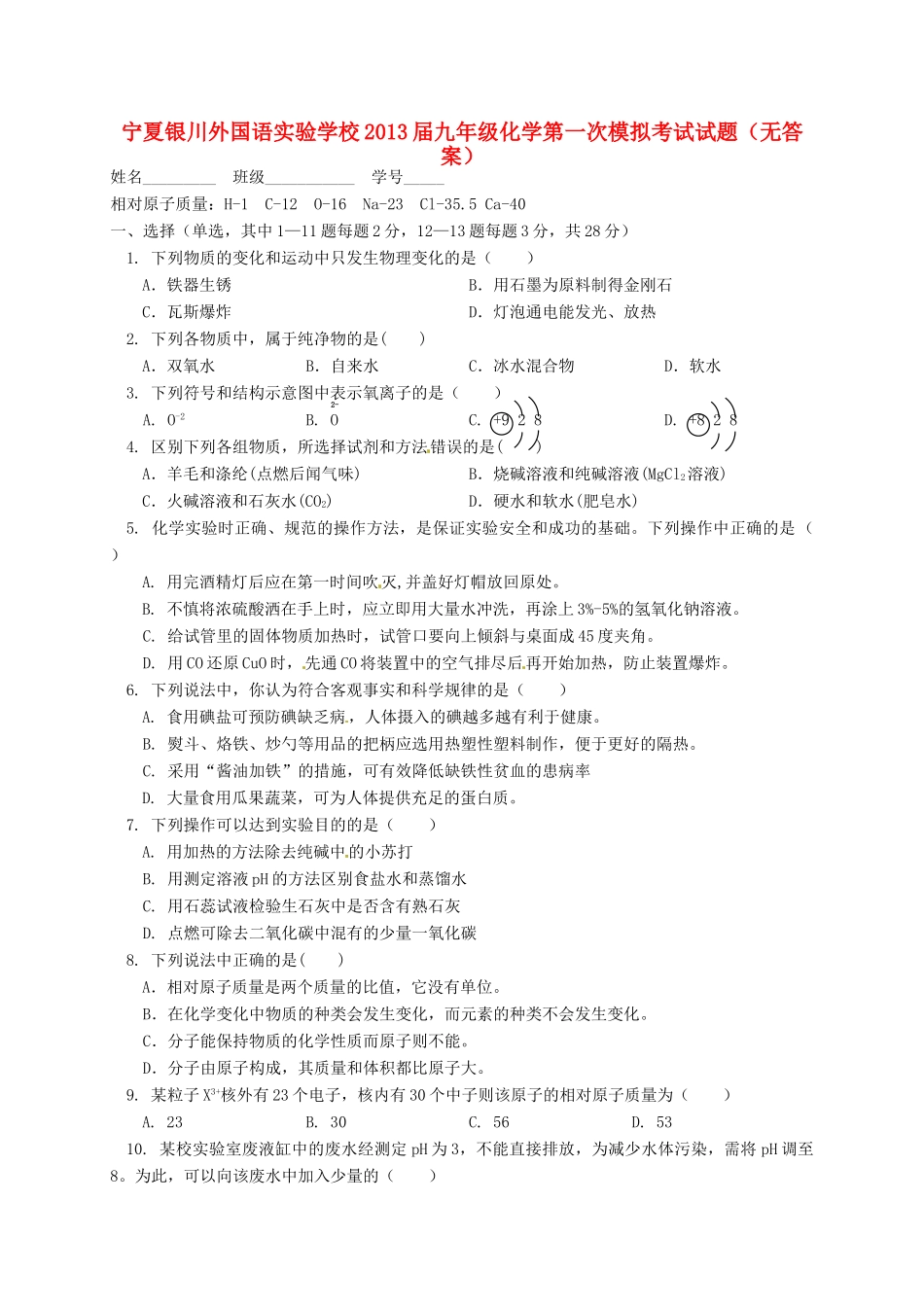 宁夏银川外国语实验学校届九年级化学第一次模拟考试试卷_第1页