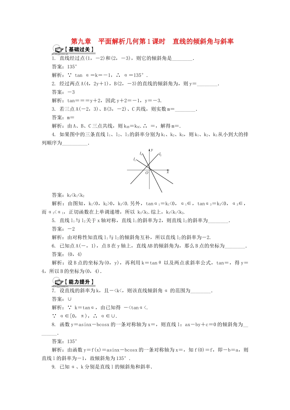 高考数学总复习 第9章 平面解析几何 第1课时 直线的倾斜角与斜率课时训练（含解析）-人教版高三全册数学试题_第1页