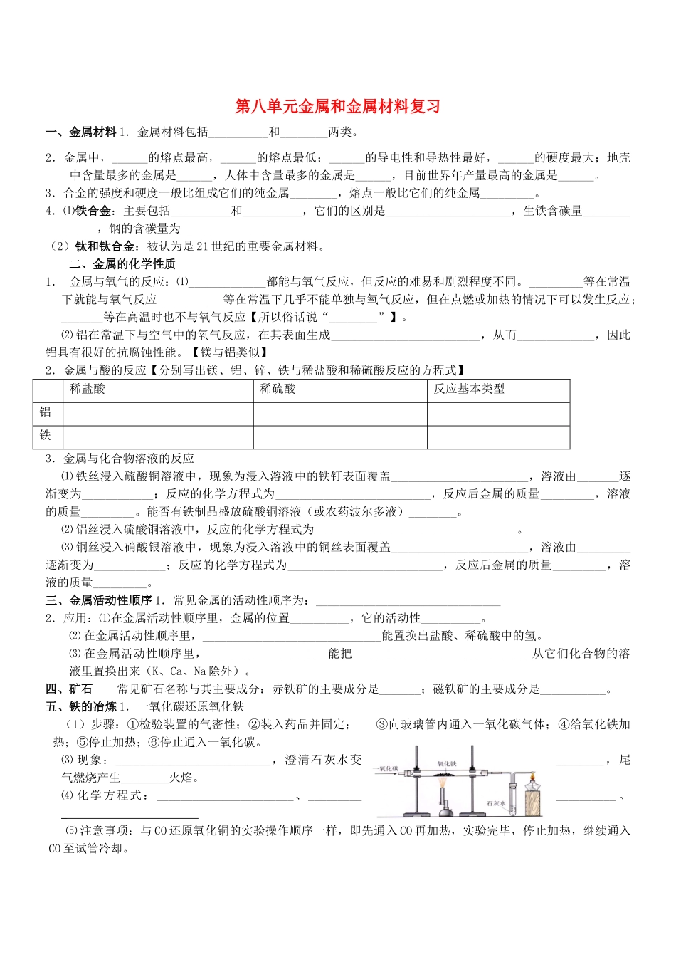 九年级化学上册(金属和金属材料)复习 新人教版试卷_第1页
