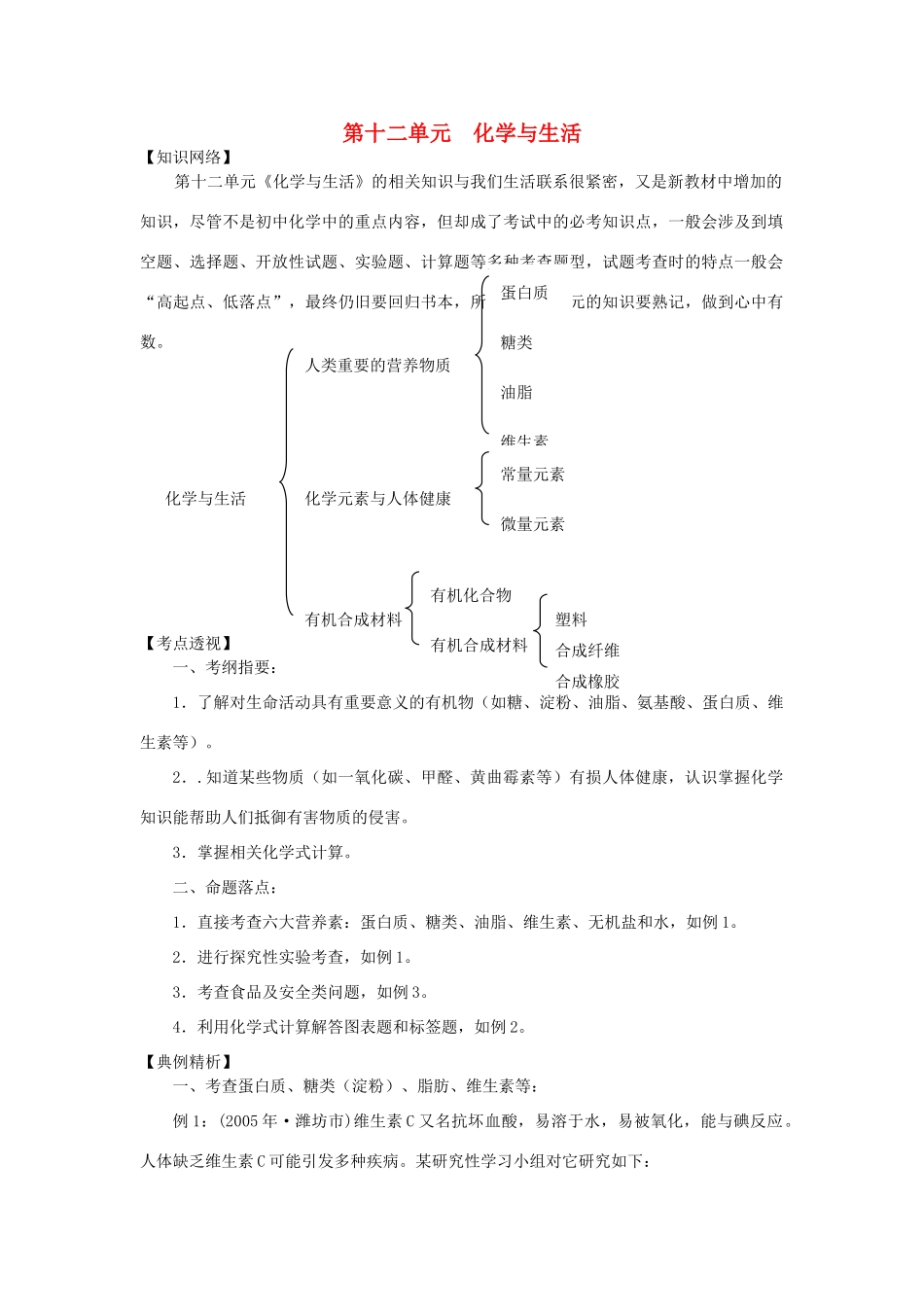 九年级化学 第十二单元  化学与生活知识总结 人教新课标版试卷_第1页