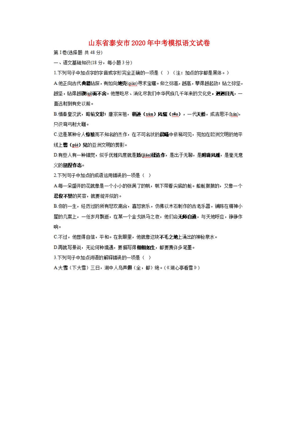 山东省泰安市中考语文模拟试卷试卷_第1页
