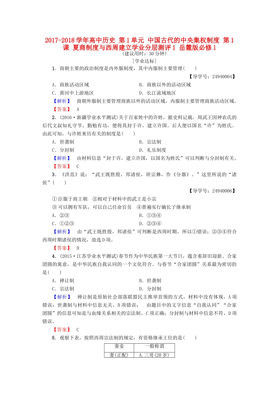 高中历史 第1单元 中国古代的中央集权制度 第1课 夏商制度与西周建立学业分层测评1 岳麓版必修1-岳麓版高一必修1历史试题_第1页
