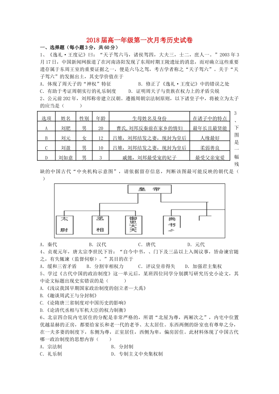江西省宜春市上高二中高一历史上学期第一次月考试题-人教版高一全册历史试题_第1页