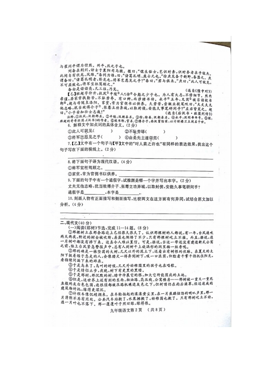 山东省菏泽市鄄城县九年级语文下学期模拟试卷试卷_第2页